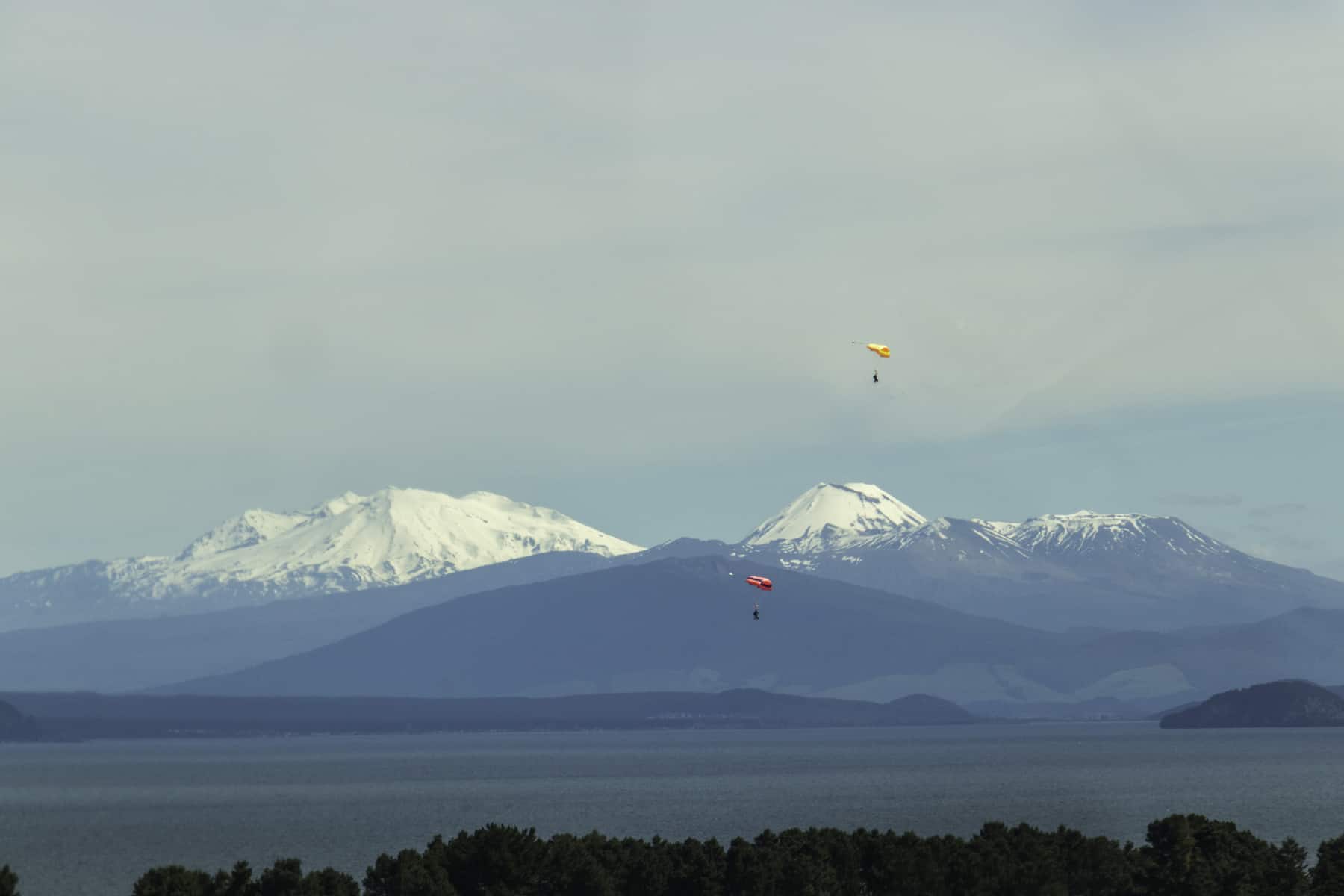 Skydiving landing with volcanic landscape of Tongariro